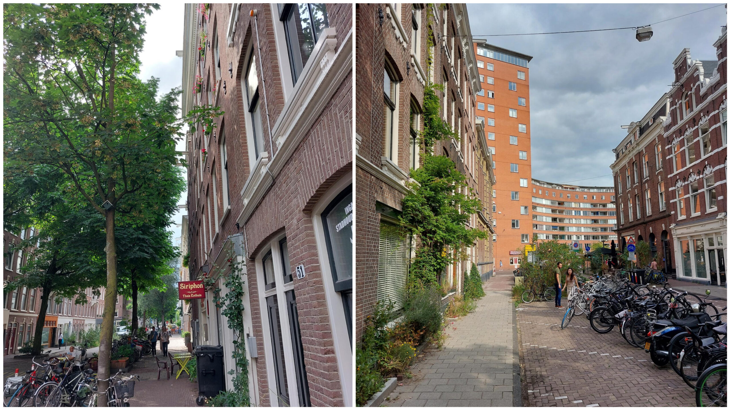 Links: de huidige situatie. Rechts: het uitzicht op de  kopse gevel van de hoogbouw aan het Marie Heinekenplein na de bomenkap. Foto: Jan de Visser